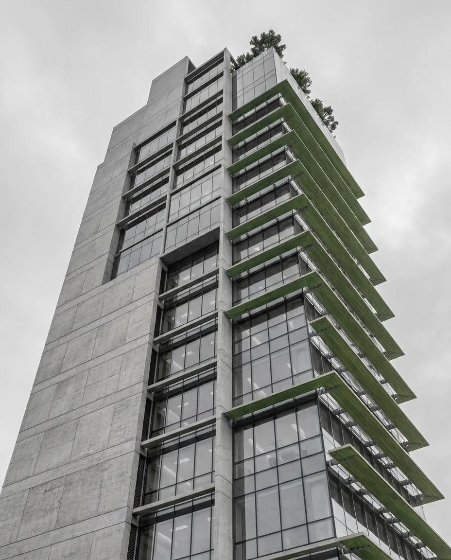 Monumental concrete building with a copper-red recessed panel